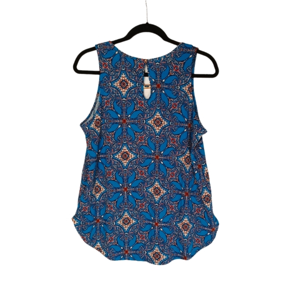 AUW Blue Red White Geometric Floral Print Sleeveless Keyhole Bar Top Medium - Picture 3 of 6